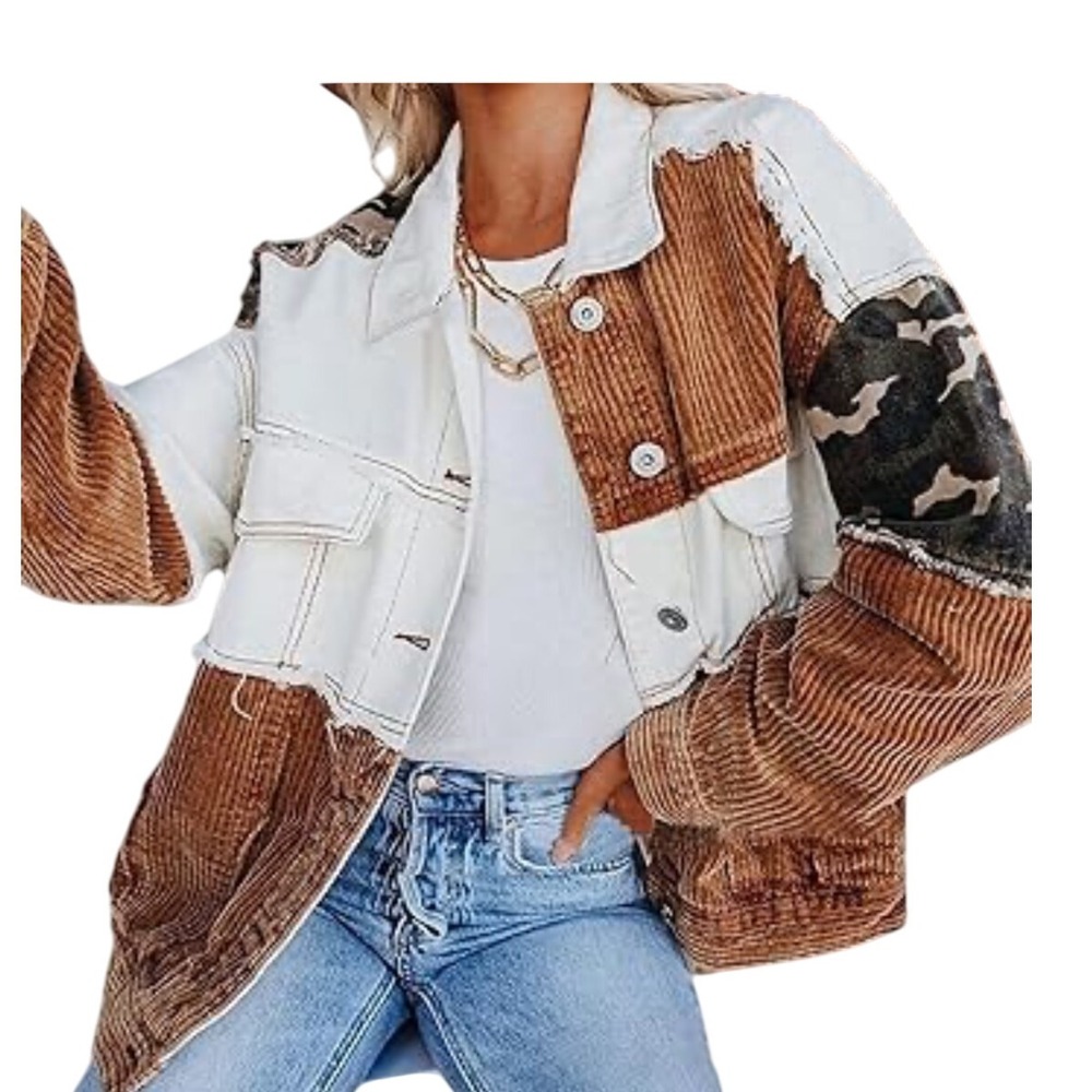 POL NWOT Colorblock Corduroy Camo Denim Jacket Women's S/M Distressed Patched